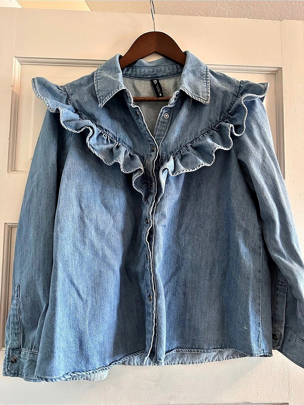 Zara Ruffle Front Blue Button Down
